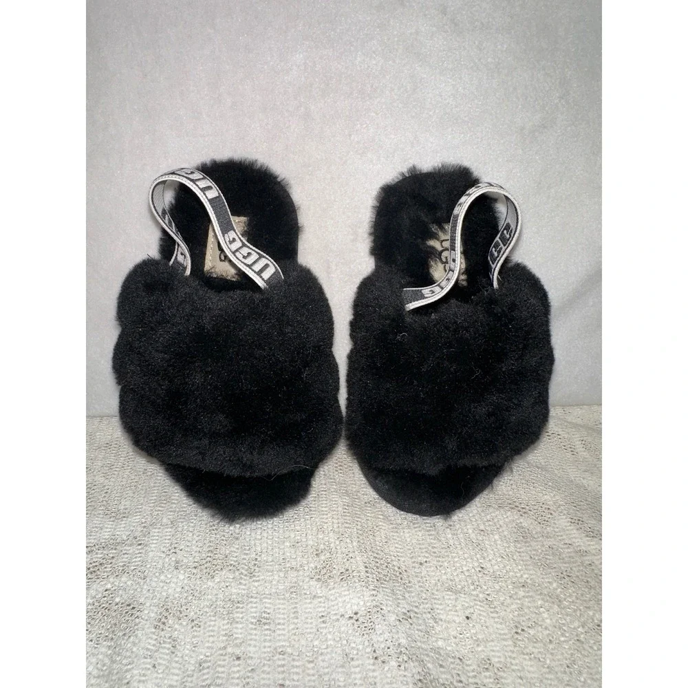 Kids UGG Black Fluffy Furry Slides Slippers Shoes Size‎ 7 Toddler